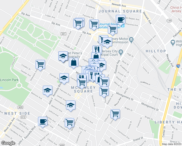 map of restaurants, bars, coffee shops, grocery stores, and more near 17A Glenwood Avenue in Jersey City