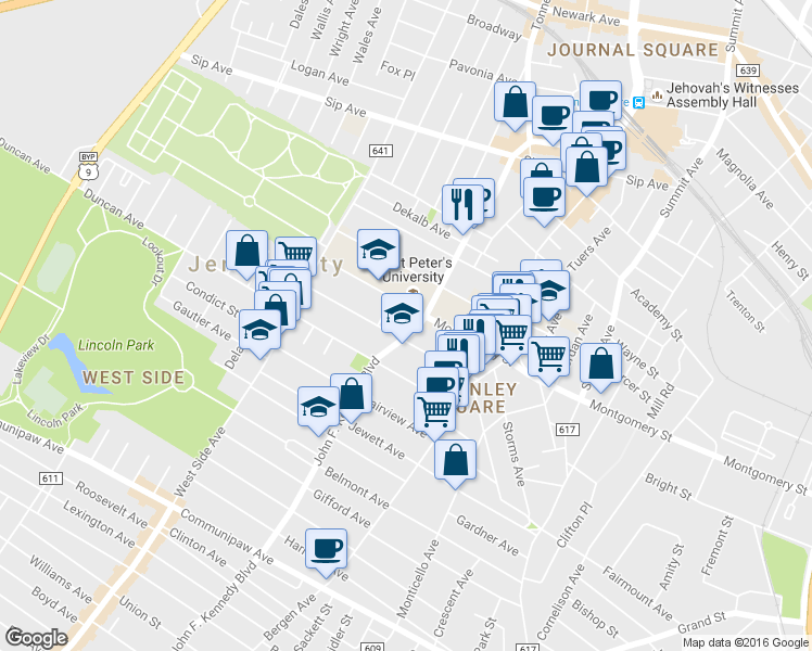 map of restaurants, bars, coffee shops, grocery stores, and more near in Jersey City