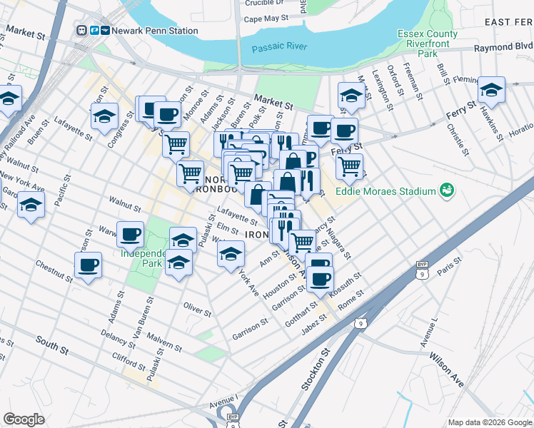 map of restaurants, bars, coffee shops, grocery stores, and more near 41-51 Wilson Avenue in Newark