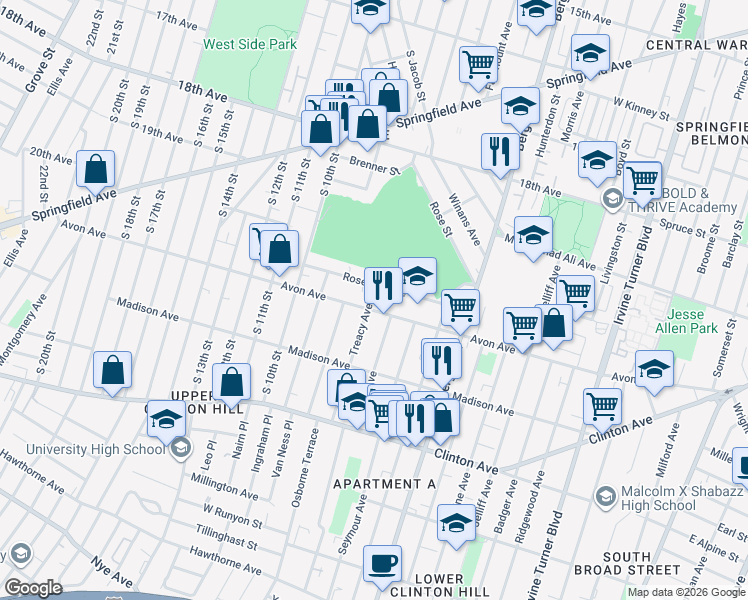 map of restaurants, bars, coffee shops, grocery stores, and more near 56 Rose Terrace in Newark
