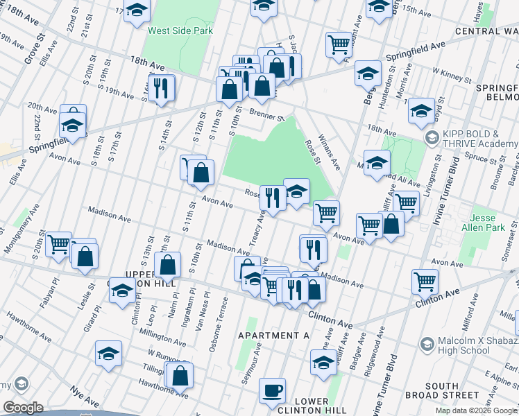 map of restaurants, bars, coffee shops, grocery stores, and more near 297 Avon Avenue in Newark
