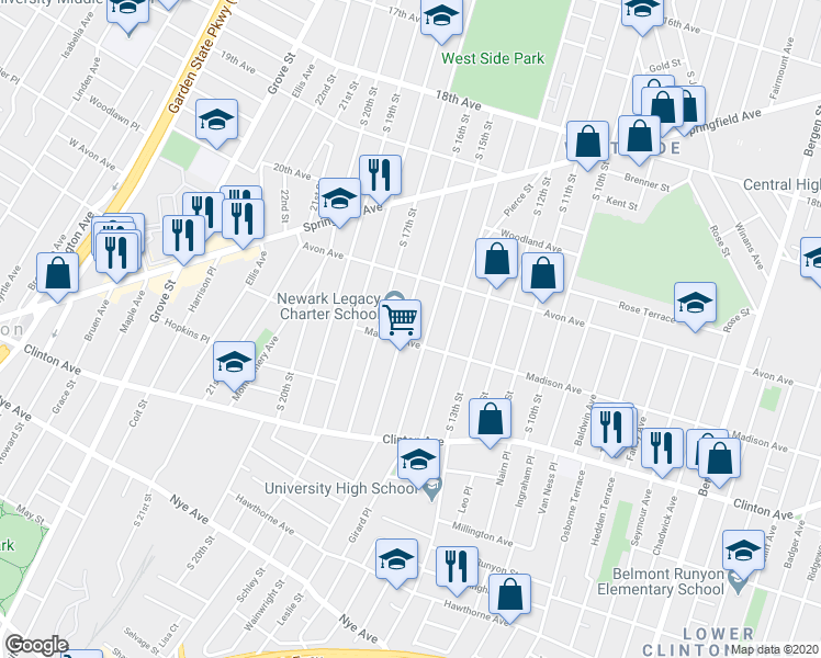 map of restaurants, bars, coffee shops, grocery stores, and more near 801 South 15th Street in Newark