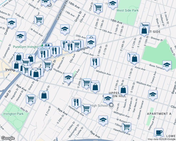 map of restaurants, bars, coffee shops, grocery stores, and more near 862 South 20th Street in Newark