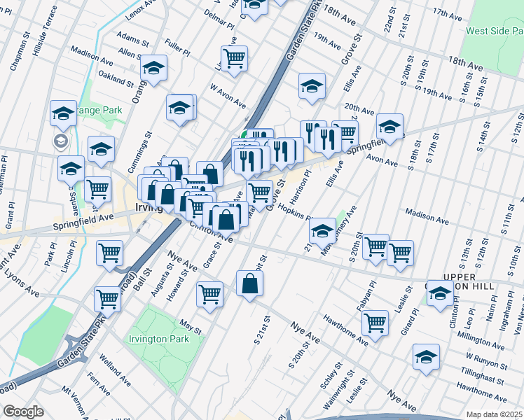 map of restaurants, bars, coffee shops, grocery stores, and more near 944 Grove Street in Irvington