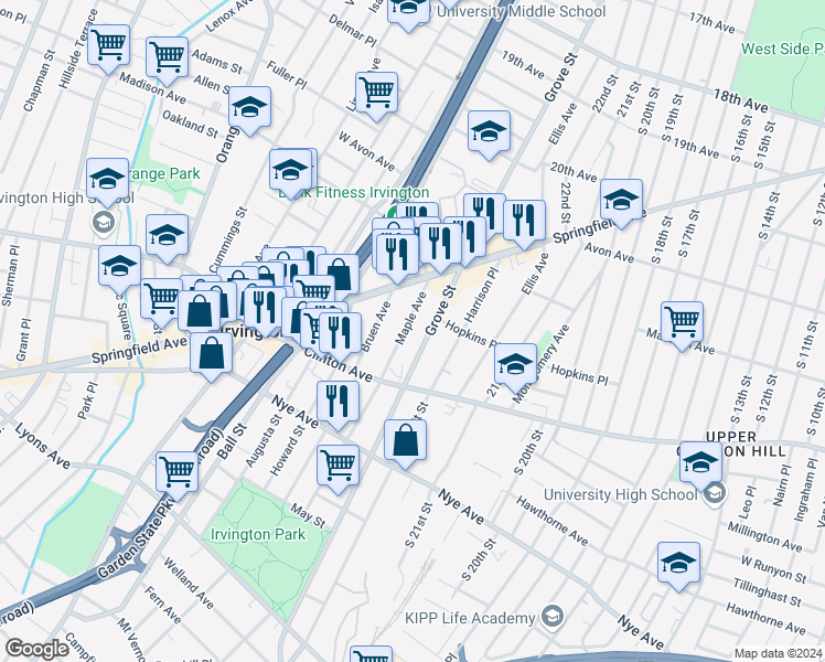 map of restaurants, bars, coffee shops, grocery stores, and more near 45 Maple Avenue in Irvington