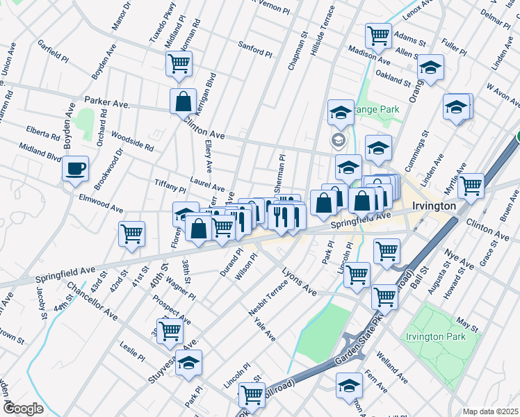map of restaurants, bars, coffee shops, grocery stores, and more near 18 Momm Court in Irvington