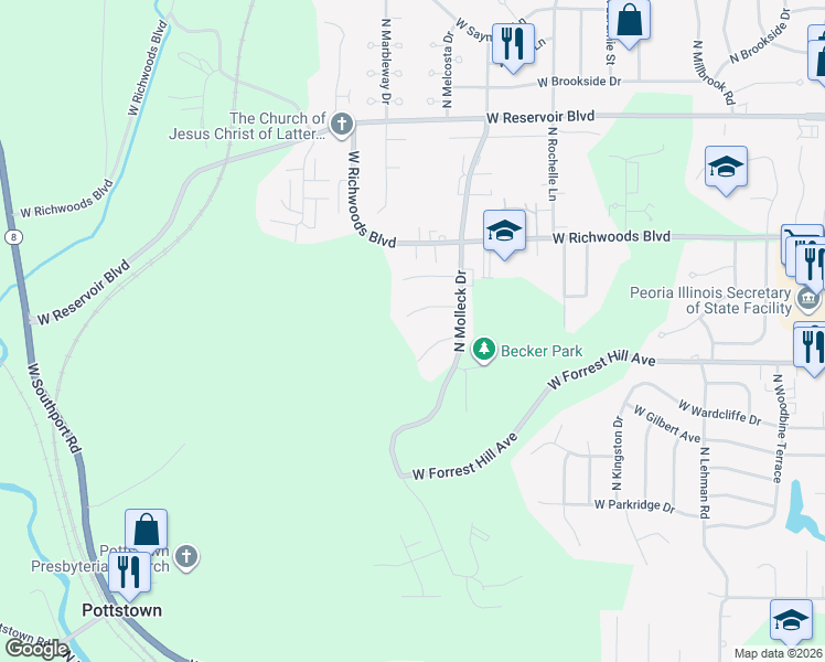 map of restaurants, bars, coffee shops, grocery stores, and more near 3428 Dorchester Ridge in Peoria
