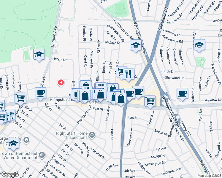map of restaurants, bars, coffee shops, grocery stores, and more near 38 Morris Drive in East Meadow