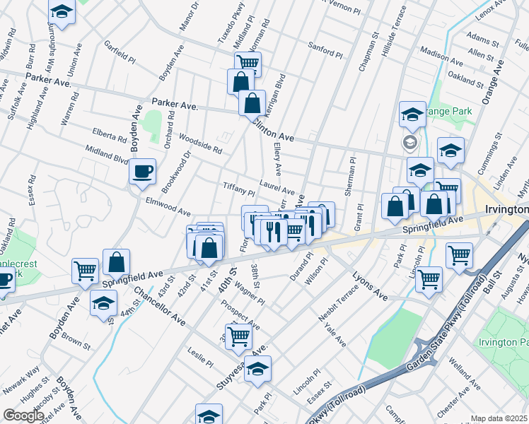 map of restaurants, bars, coffee shops, grocery stores, and more near 71 Florence Avenue in Irvington