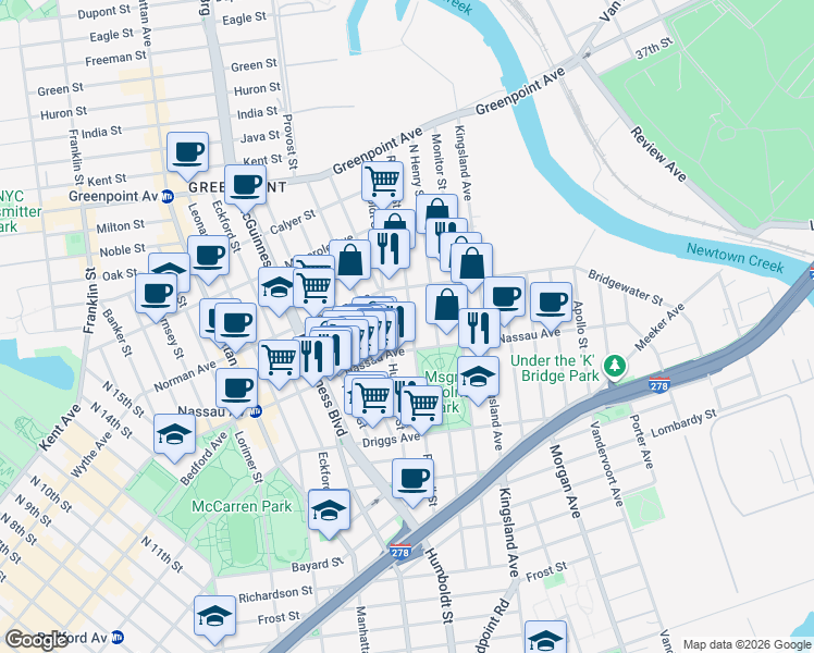 map of restaurants, bars, coffee shops, grocery stores, and more near 720 Humboldt Street in Brooklyn