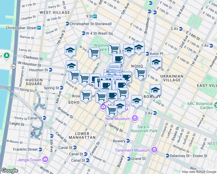 map of restaurants, bars, coffee shops, grocery stores, and more near 194 Mercer Street in New York
