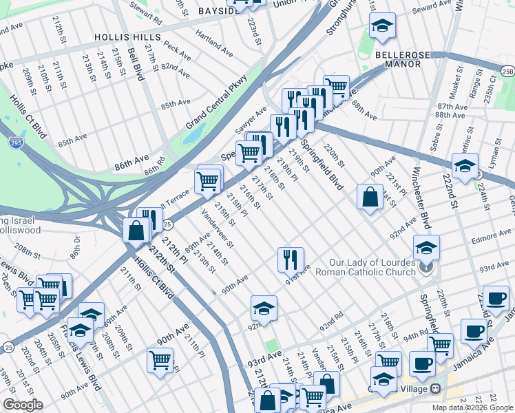 map of restaurants, bars, coffee shops, grocery stores, and more near 89-06 216th Street in Queens