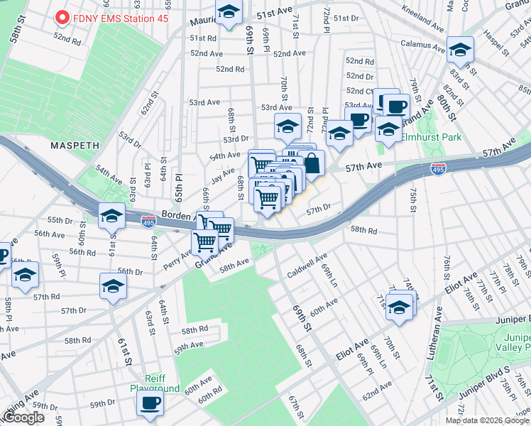map of restaurants, bars, coffee shops, grocery stores, and more near 69-29 Grand Avenue in Queens