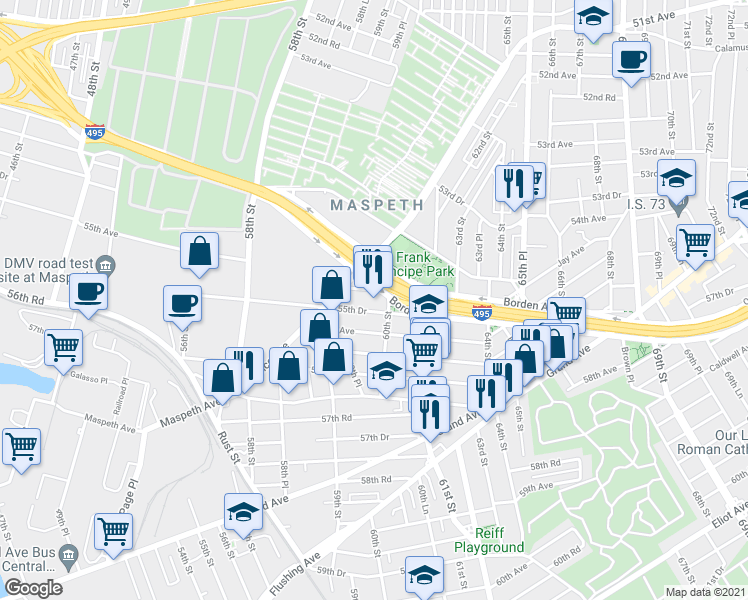 map of restaurants, bars, coffee shops, grocery stores, and more near 59-60 55th Road in Queens