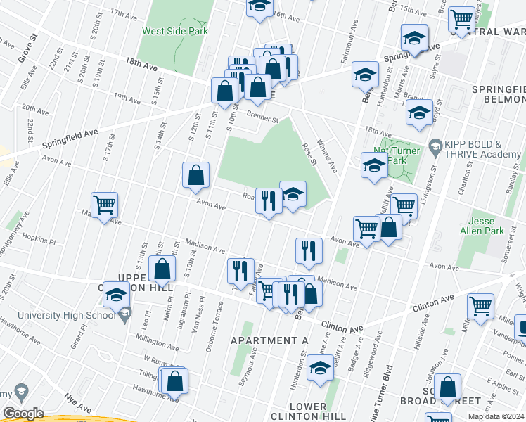 map of restaurants, bars, coffee shops, grocery stores, and more near 56 Rose Terrace in Newark