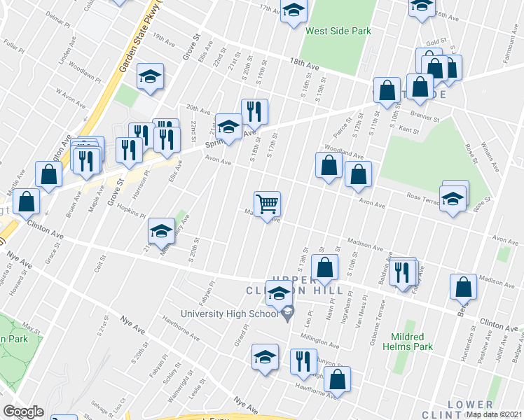 map of restaurants, bars, coffee shops, grocery stores, and more near 823 South 16th Street in Newark