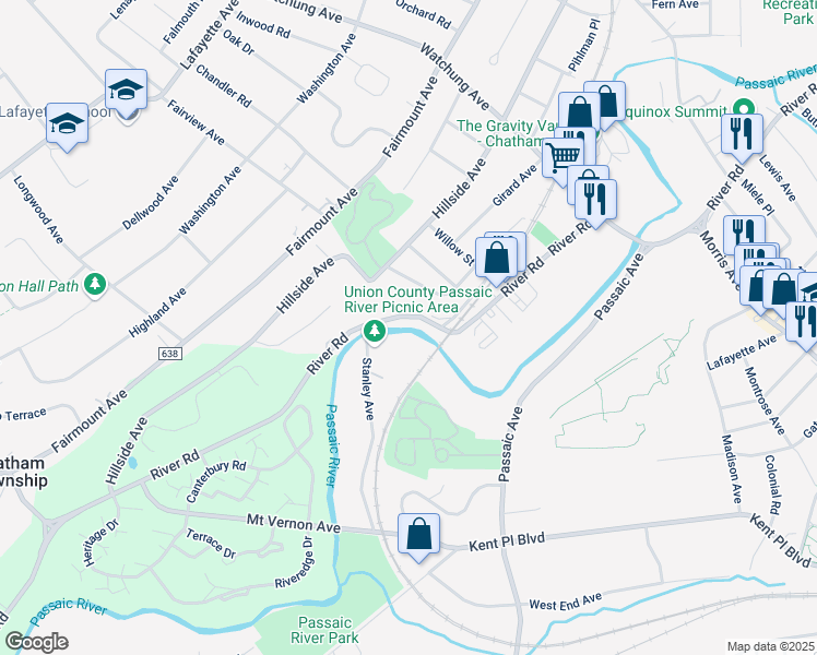 map of restaurants, bars, coffee shops, grocery stores, and more near 85 River Road in Chatham Township