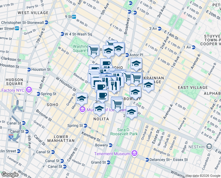 map of restaurants, bars, coffee shops, grocery stores, and more near Bond Street in New York
