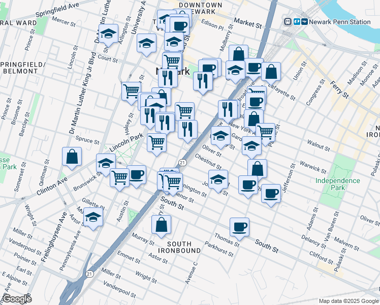 map of restaurants, bars, coffee shops, grocery stores, and more near McCarter Hwy & Chestnut St in Newark
