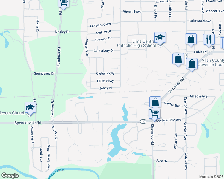 map of restaurants, bars, coffee shops, grocery stores, and more near 2941 Jenny Place in Lima