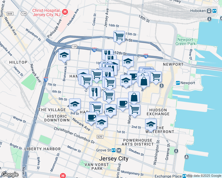 map of restaurants, bars, coffee shops, grocery stores, and more near 124 Erie Street in Jersey City