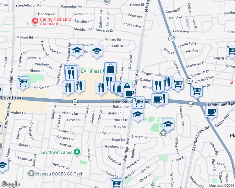 map of restaurants, bars, coffee shops, grocery stores, and more near 3683 Hawk Road in Levittown