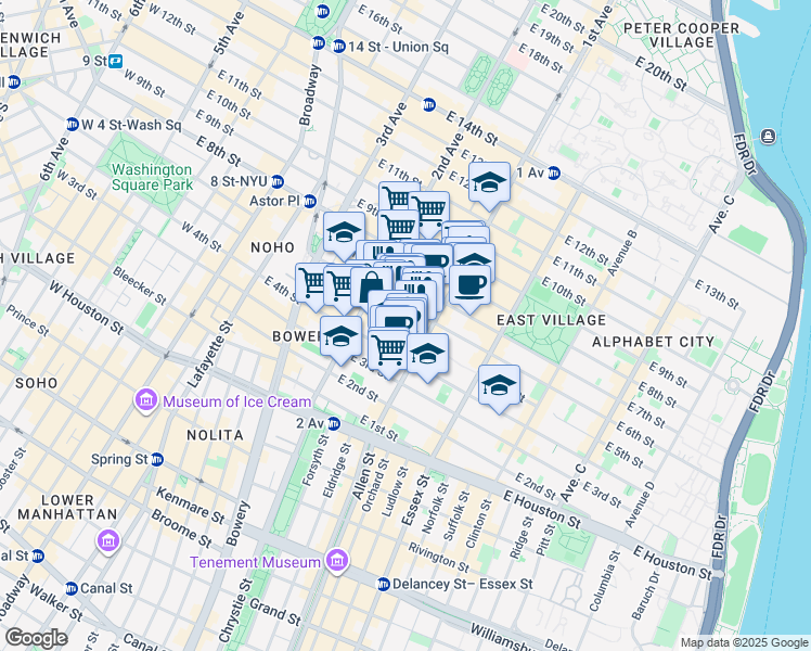 map of restaurants, bars, coffee shops, grocery stores, and more near 331 East 5th Street in New York