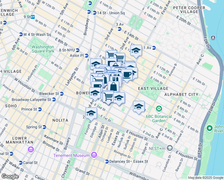 map of restaurants, bars, coffee shops, grocery stores, and more near 333 East 5th Street in New York
