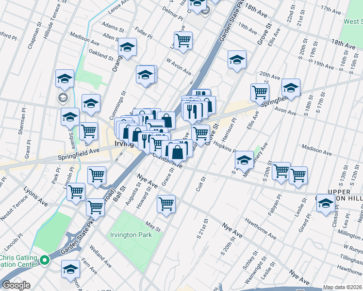 map of restaurants, bars, coffee shops, grocery stores, and more near 39 Bruen Avenue in Irvington