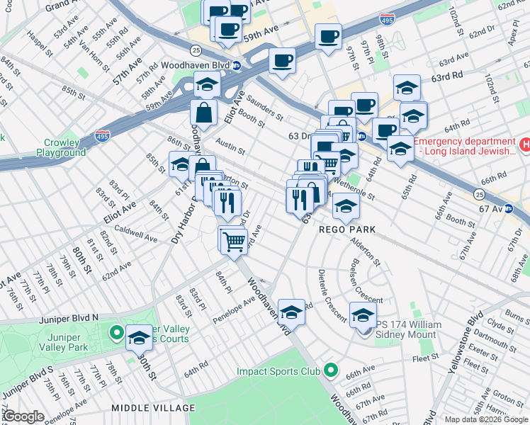 map of restaurants, bars, coffee shops, grocery stores, and more near 63rd Avenue in Queens