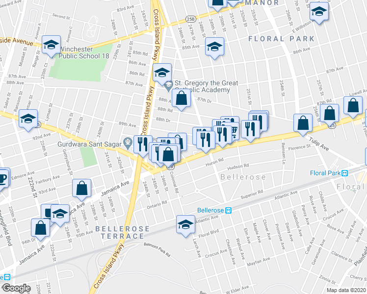 map of restaurants, bars, coffee shops, grocery stores, and more near 247-20 90th Avenue in Queens