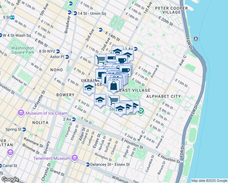 map of restaurants, bars, coffee shops, grocery stores, and more near 113 East 7th Street in New York