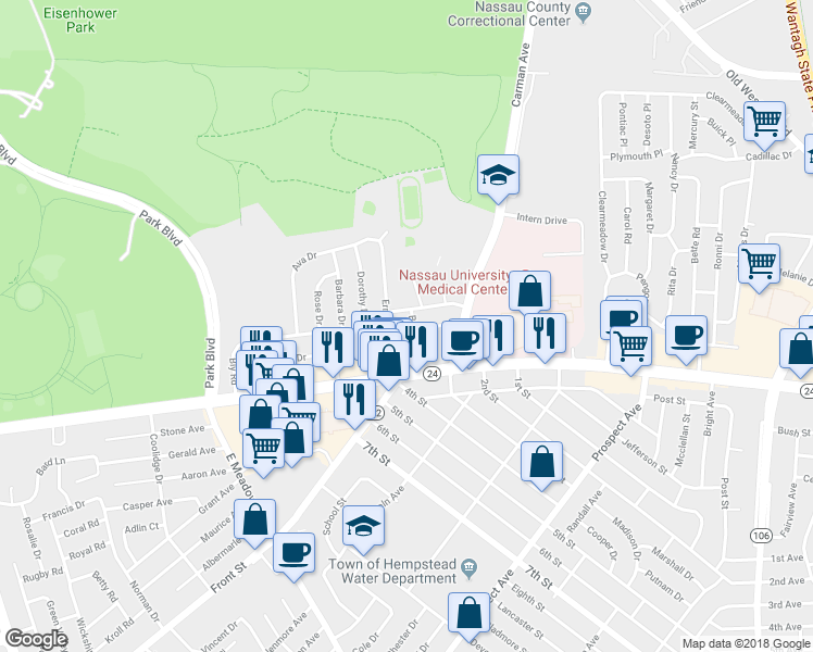 map of restaurants, bars, coffee shops, grocery stores, and more near 51 Bailey Avenue in East Meadow