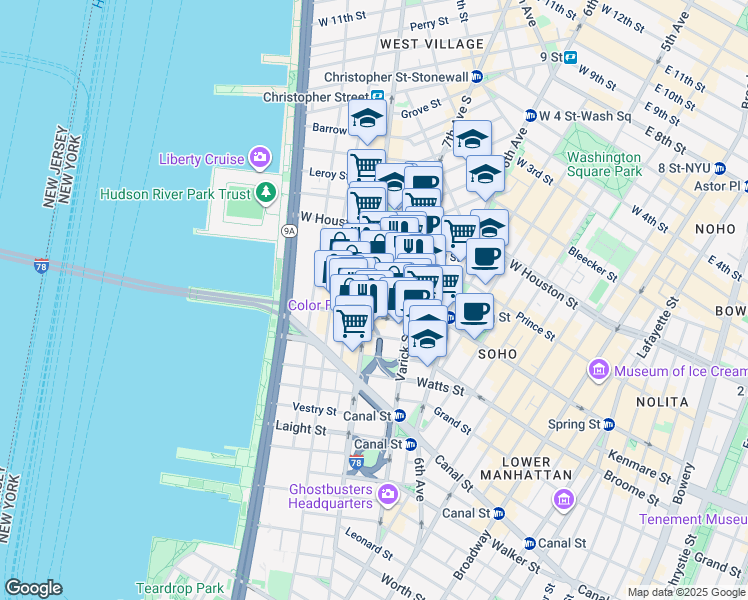 map of restaurants, bars, coffee shops, grocery stores, and more near 310 Hudson Street in New York