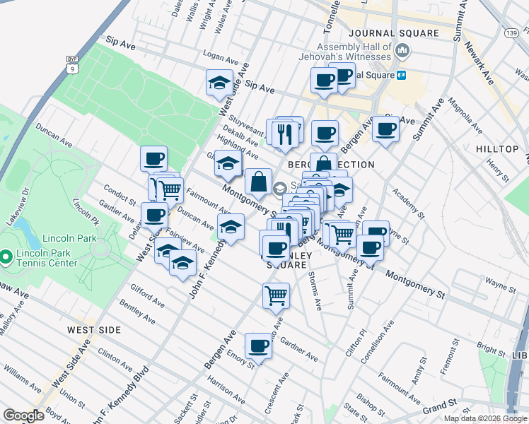 map of restaurants, bars, coffee shops, grocery stores, and more near in Jersey City