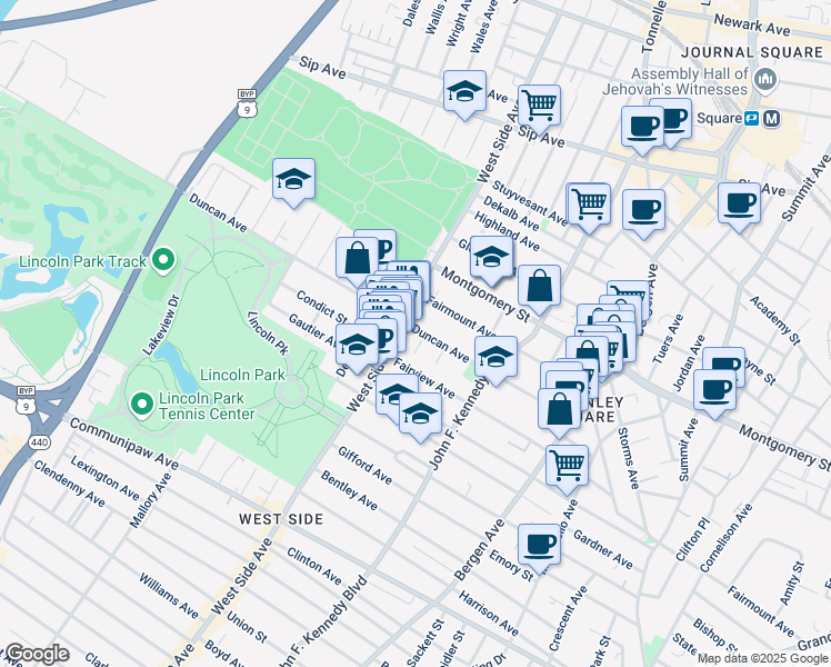 map of restaurants, bars, coffee shops, grocery stores, and more near 142 Duncan Avenue in Jersey City