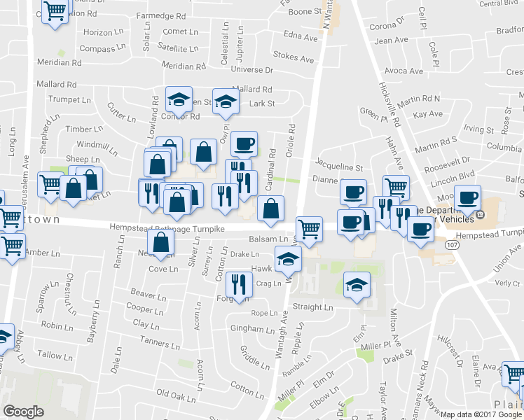 map of restaurants, bars, coffee shops, grocery stores, and more near 3683 Hawk Road in Levittown