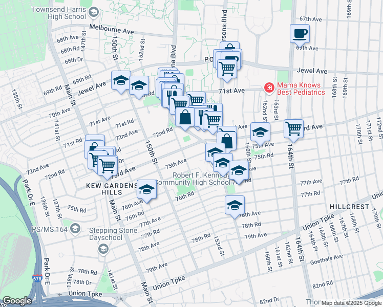 map of restaurants, bars, coffee shops, grocery stores, and more near 153-19 75th Avenue in Queens