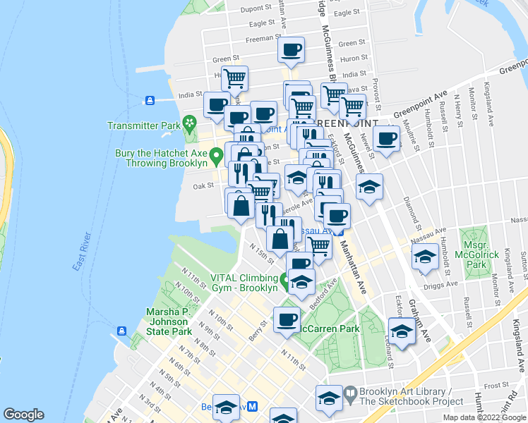 map of restaurants, bars, coffee shops, grocery stores, and more near 245 Banker Street in Brooklyn