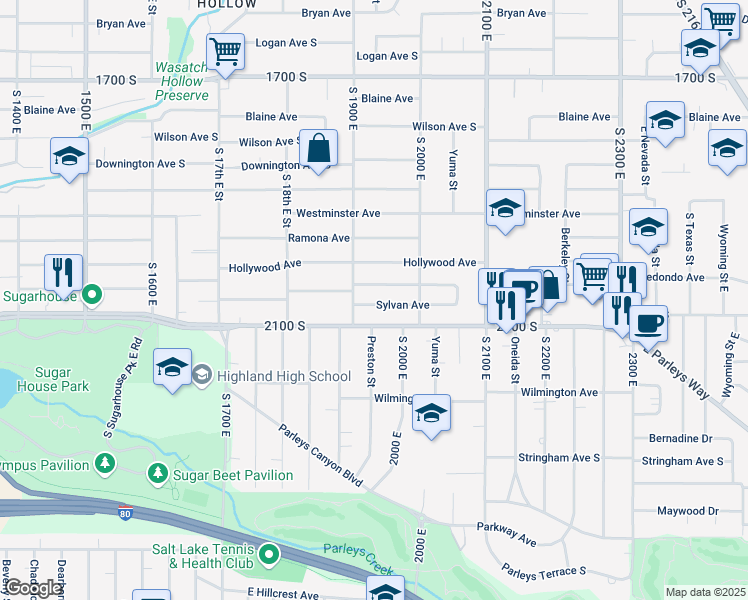 map of restaurants, bars, coffee shops, grocery stores, and more near 1925 Sylvan Avenue in Salt Lake City