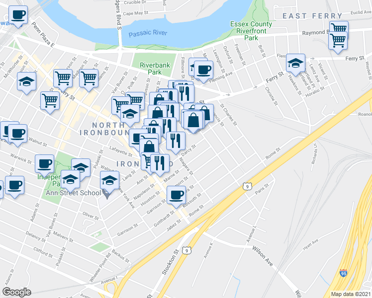 map of restaurants, bars, coffee shops, grocery stores, and more near 70 Darcy Street in Newark