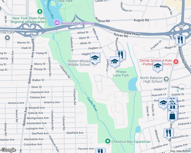 map of restaurants, bars, coffee shops, grocery stores, and more near 166 Alicia Drive in North Babylon