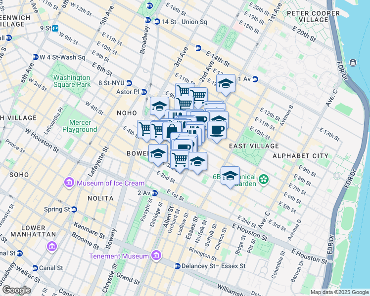 map of restaurants, bars, coffee shops, grocery stores, and more near 331 East 5th Street in New York