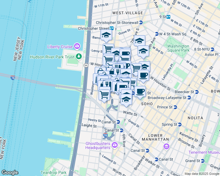 map of restaurants, bars, coffee shops, grocery stores, and more near 315 Hudson Street in New York
