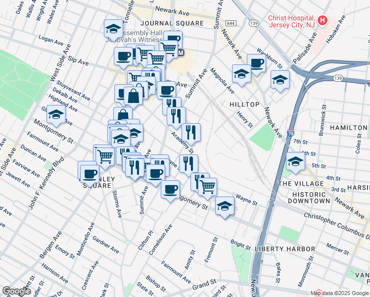 map of restaurants, bars, coffee shops, grocery stores, and more near 121 Baldwin Avenue in Jersey City