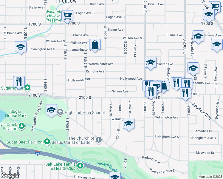 map of restaurants, bars, coffee shops, grocery stores, and more near 1925 Sylvan Avenue in Salt Lake City