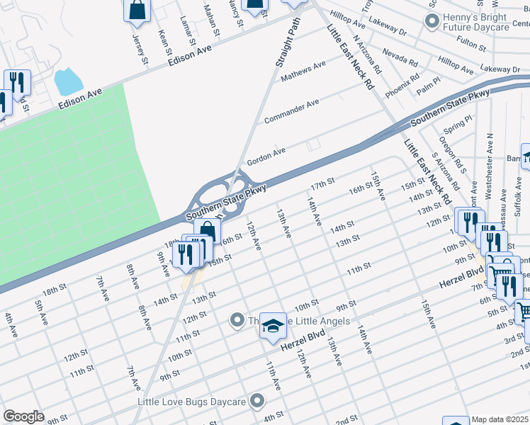 map of restaurants, bars, coffee shops, grocery stores, and more near 260 17th Street in West Babylon