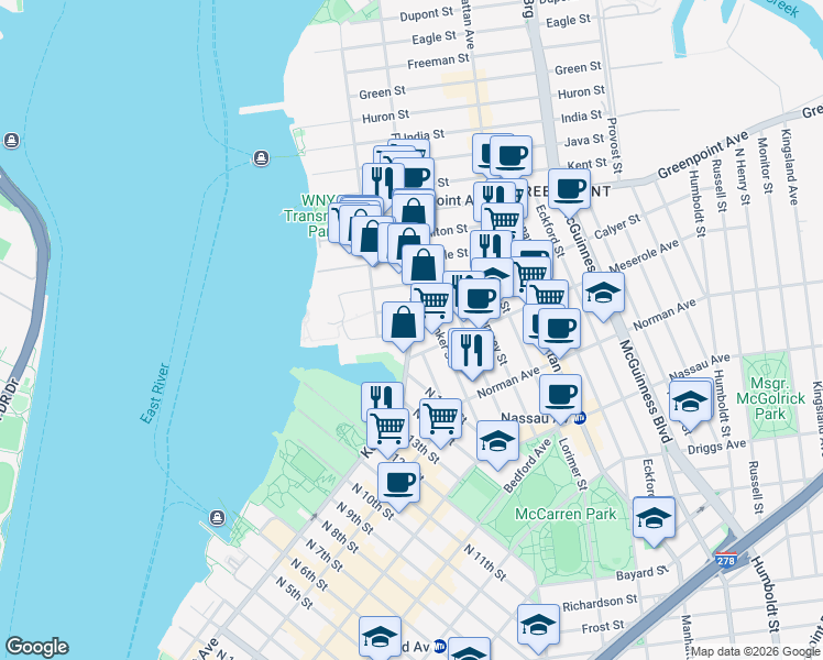 map of restaurants, bars, coffee shops, grocery stores, and more near 61 Franklin Street in Brooklyn