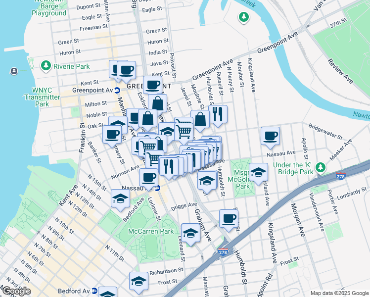 map of restaurants, bars, coffee shops, grocery stores, and more near 121 Newel Street in Brooklyn