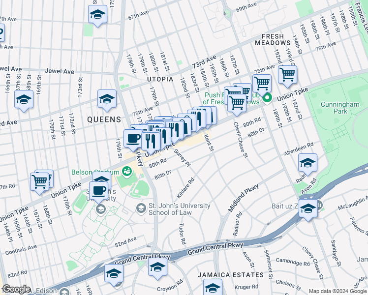 map of restaurants, bars, coffee shops, grocery stores, and more near 179-15 80th Road in Queens